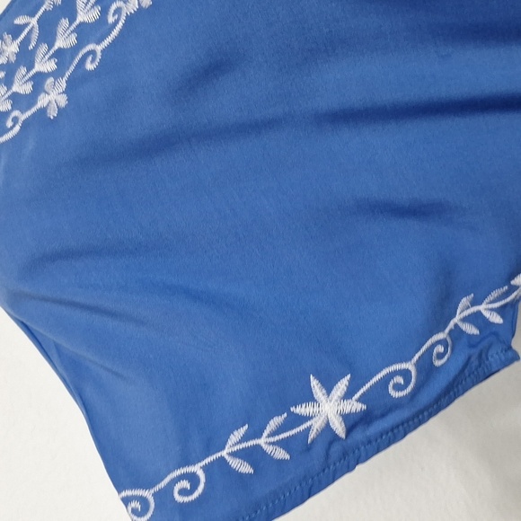 Blue White Embroidered Bohemian Coastal Short Sleeve Maxi Dress One Size - Picture 6 of 13